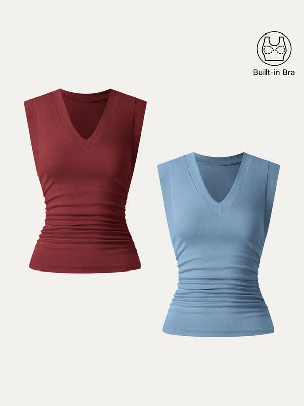 2Pcs Set Brami Stretch Cotton V-neck Side Ruched Muscle Top