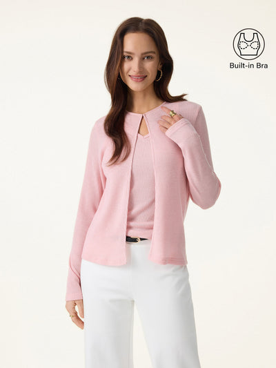 2Pcs Set V-Neck Spaghetti Bra Tank & Knit Relaxed Long Sleeve Cardigan Pink Dream XS