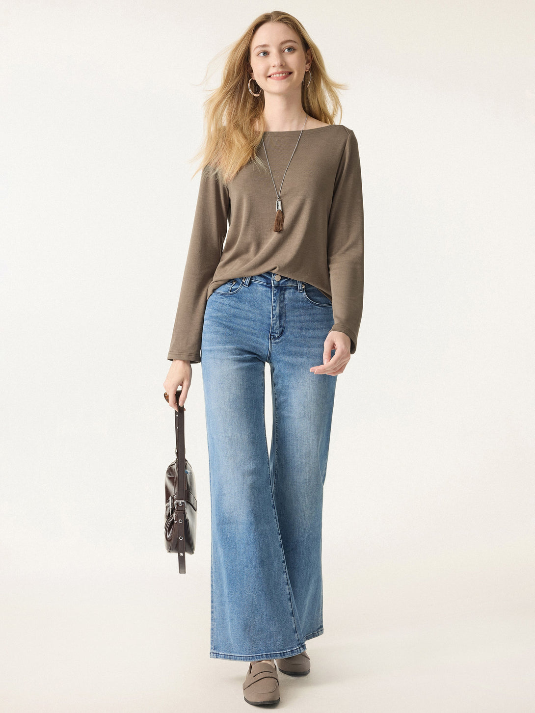 Relaxed Fit Boatneck Long Sleeve Top