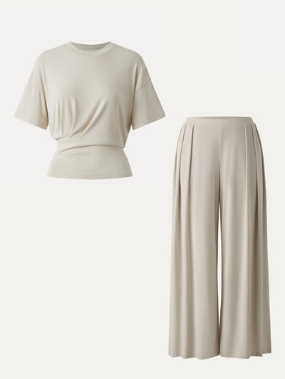 2Pcs Set Sandwashed Crewneck Tee & Mid Rise Pleated Wide Leg Pants with Pockets Morning Mist XS
