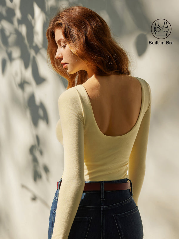 OGLmove Eco-Mousse® Long Sleeve Open-Back Ruched Bra Top Butter Yellow XXS