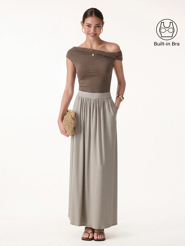 OGLmove 2Pcs Set Multi-wear Necklines Bra Top & Gathered A-Line Maxi Skirt with Pockets Iced Mocha/Dark Alabaster XS