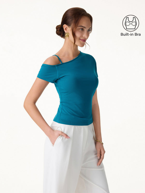 OGLmove 2Pcs Set SkinKiss Asymmetrical Shoulder Bra Top & Side Ruched A-line Midi Skirt