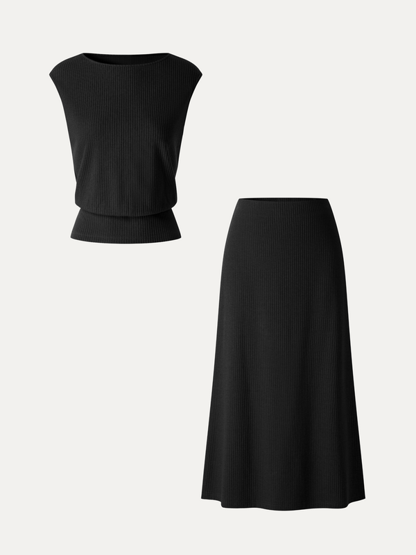 OGLmove 2Pcs Set Boatneck Sleeveless Top & Mid-Rise A-Line Midi Skirt