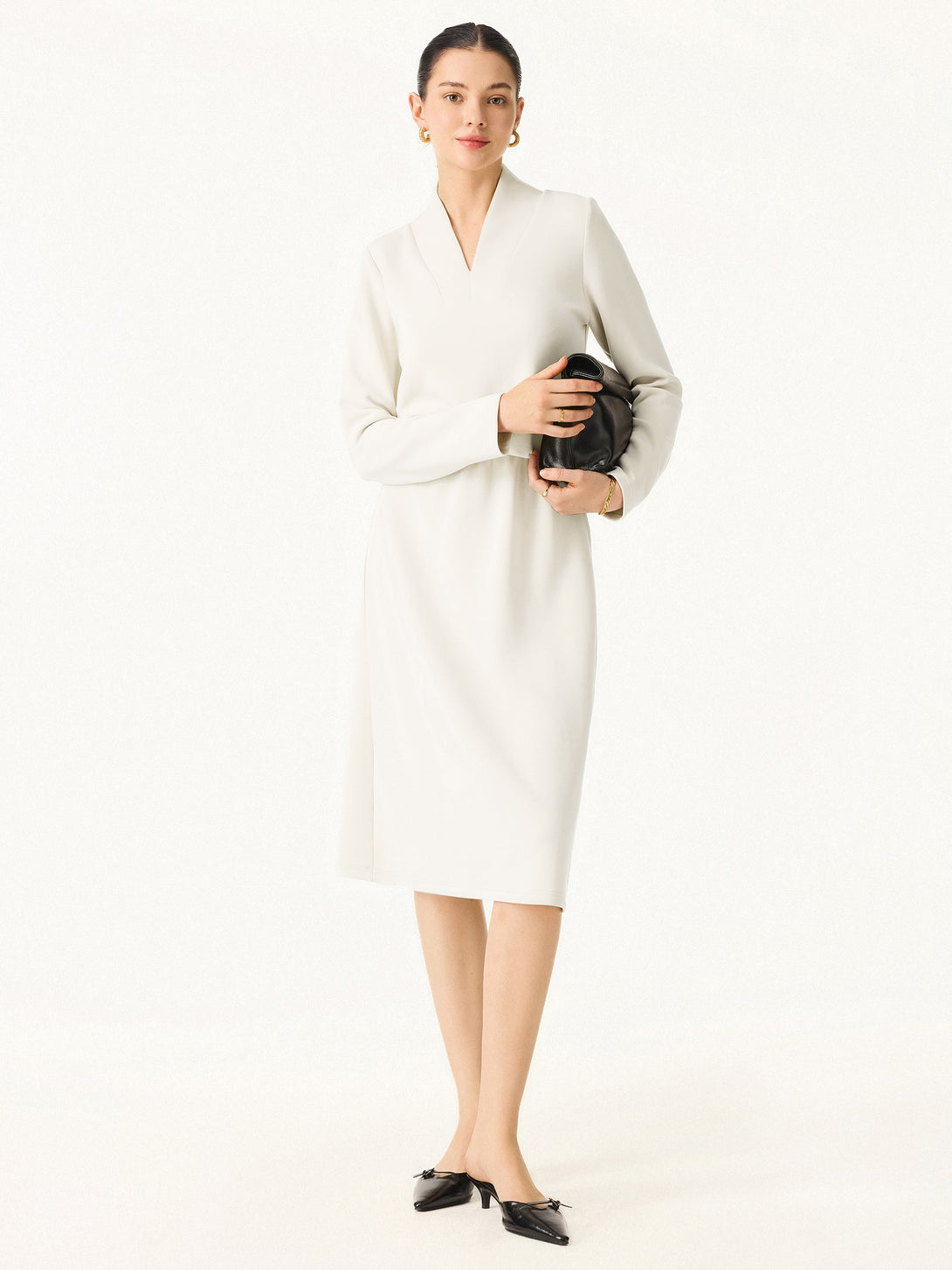 Elevated V-neck Long Sleeve Cinched Midi Dress