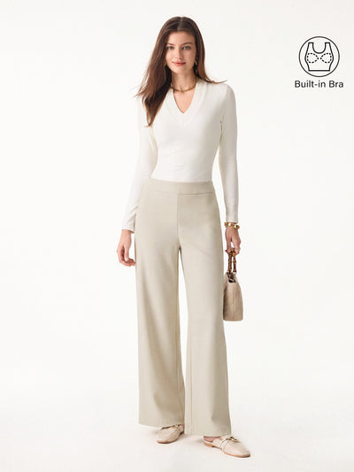 OGLmove 2Pcs Set V-neck Slimming Bra Top & Mid Rise Straight Pant with Pockets Off White/Limestone XXS