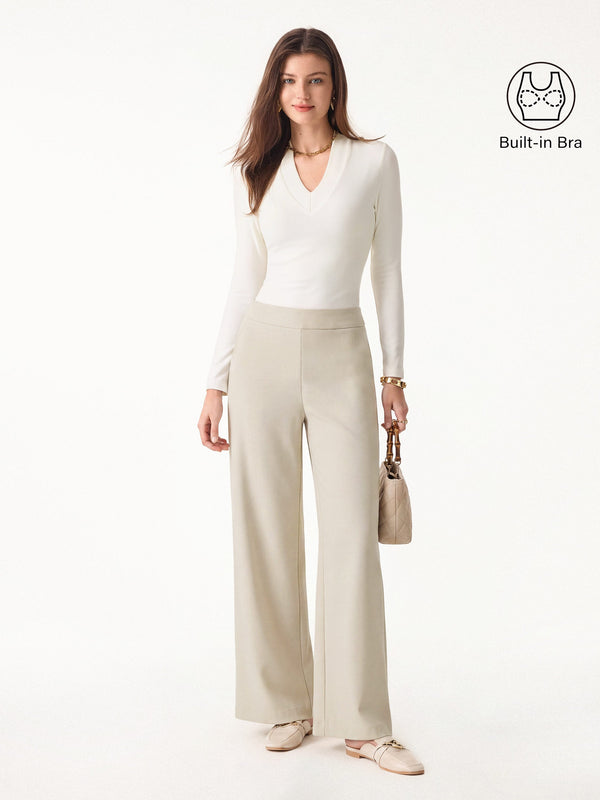 OGLmove 2Pcs Set V-neck Slimming Bra Top & Mid Rise Straight Pant with Pockets Off White/Limestone XXS