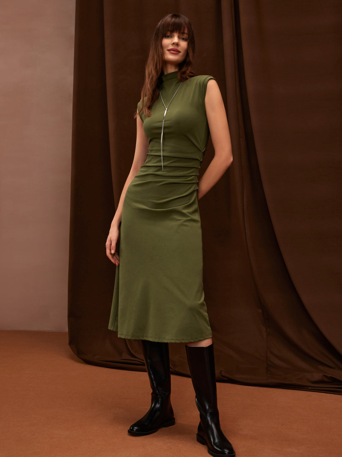 Mockneck Tucks Midi Dress Regular Olive
