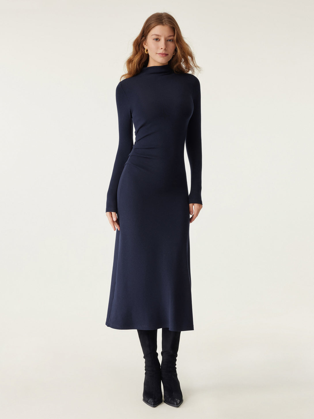 Heat-Tech Long Sleeves Mockneck Tucks Midi Dress Regular Midnight Navy