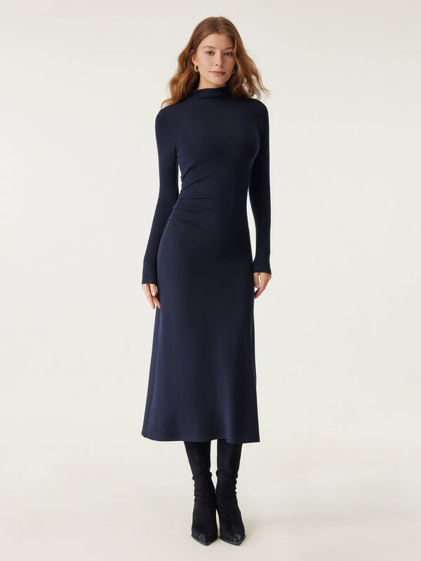 ProWarm Long Sleeves Mockneck Tucks Midi Dress Regular Midnight Navy