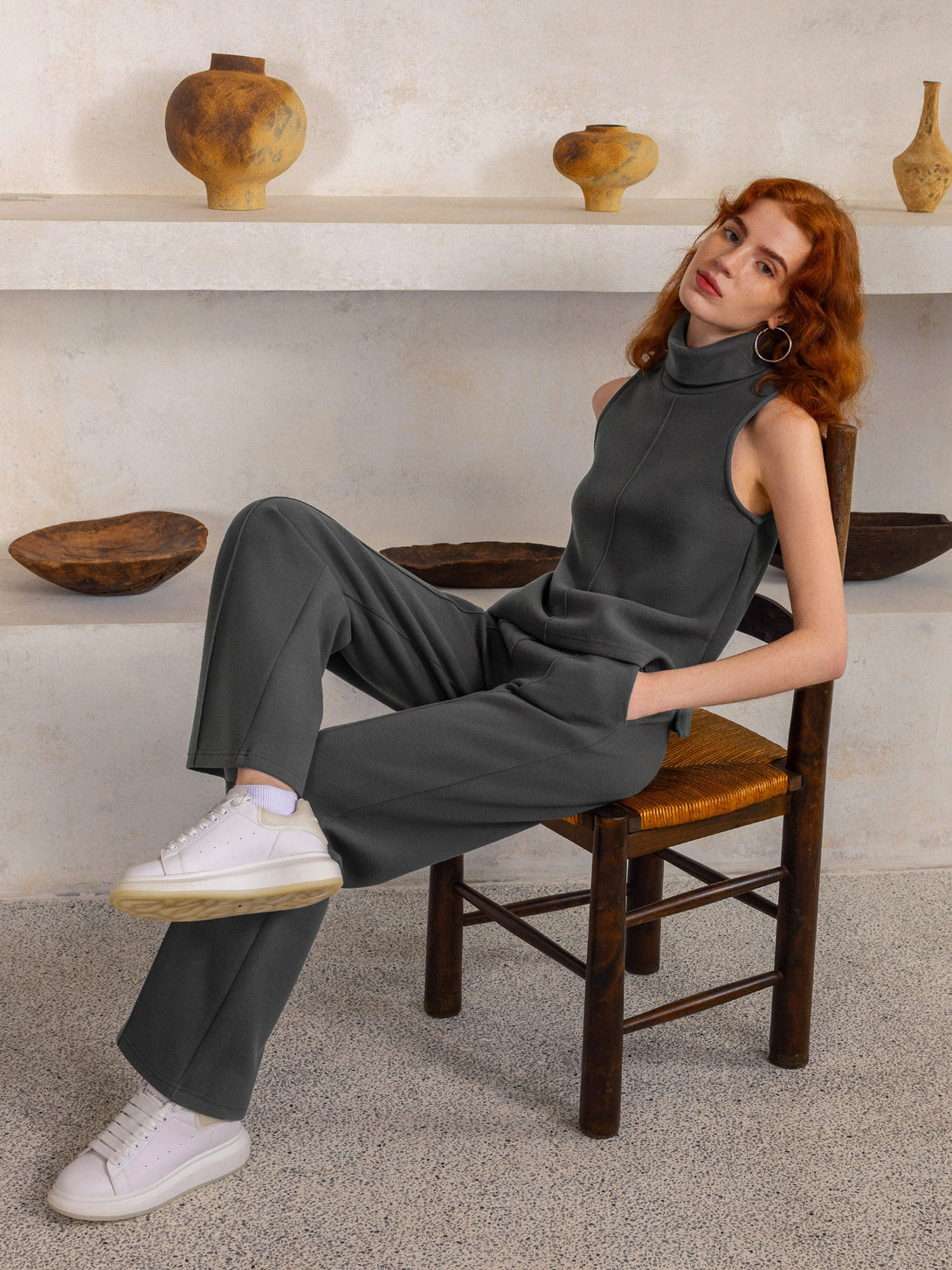 2Pcs Set Split Hem Top & High Waisted Straight Leg Pant