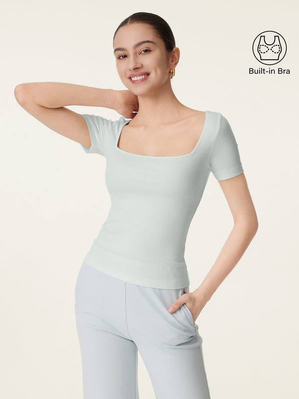 Square Neck Short Sleeve Cotton New Airy Brami Pale Azure XS