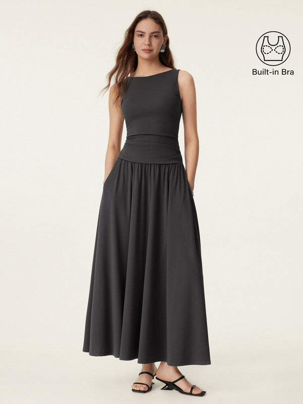 2Pcs Set Stretch Cotton Boatneck Brami Tank & Maxi Umbrella Skirt with Pockets Shadow XS