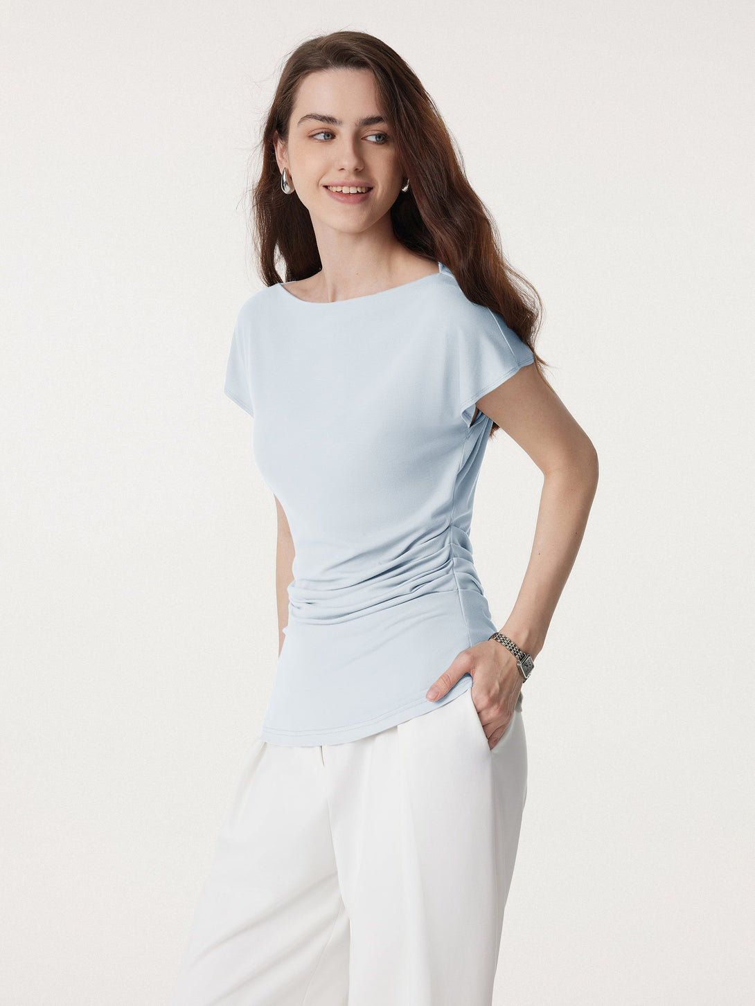 Boatneck Flutter Sleeve Side Tucked Long Tee Sky Glass XS