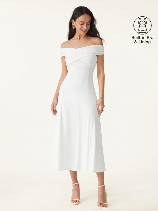 Flowy Criss Cross Off-shoulder Midi Brami Dress Pure White XS