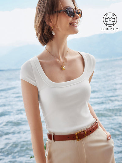 OGLmove Stretch Cotton Square Neck Cap Sleeve Bra Top White XS