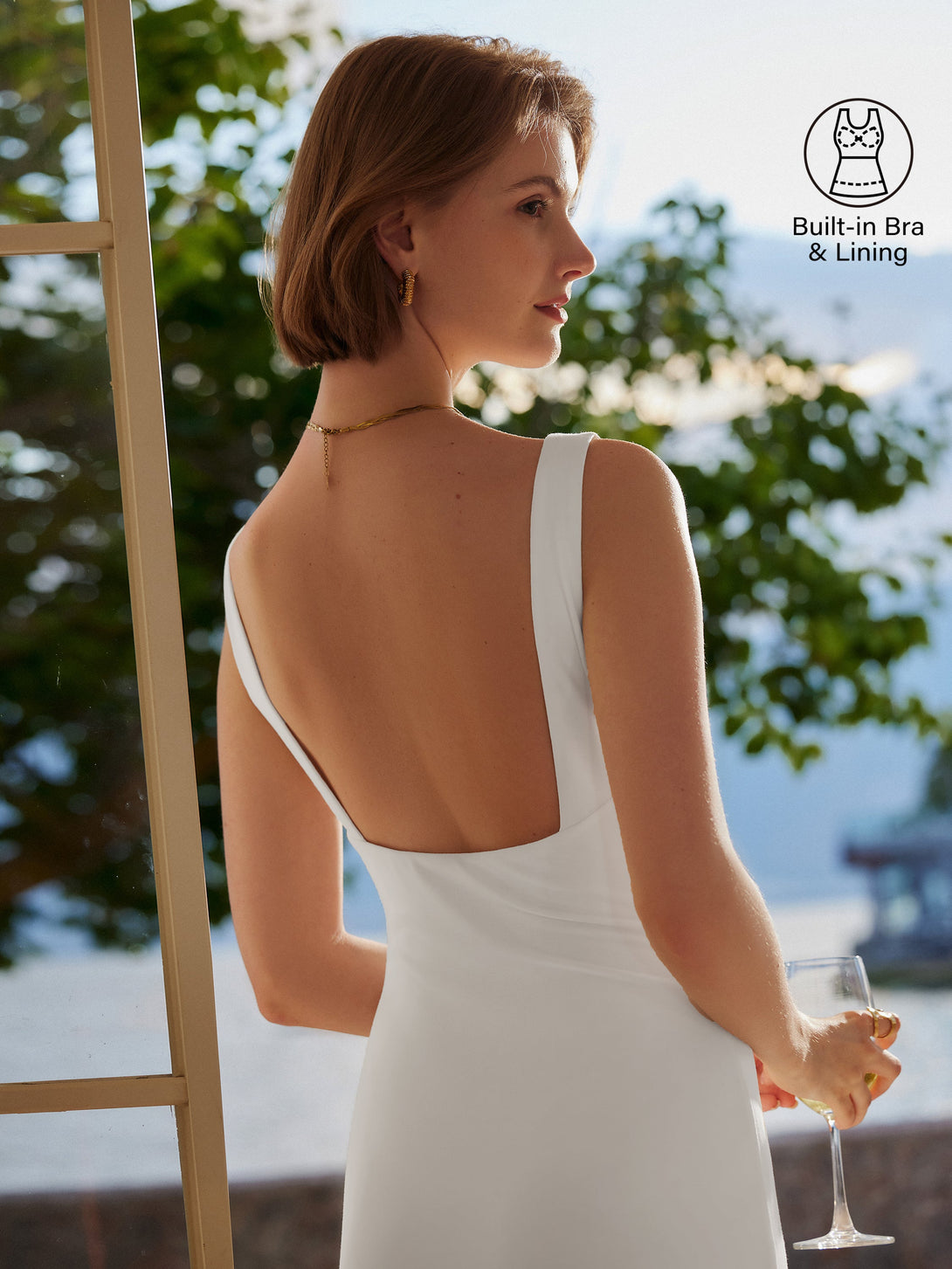 Classy Boatneck Open Back Bandless Midi Brami Dress Pure White XS