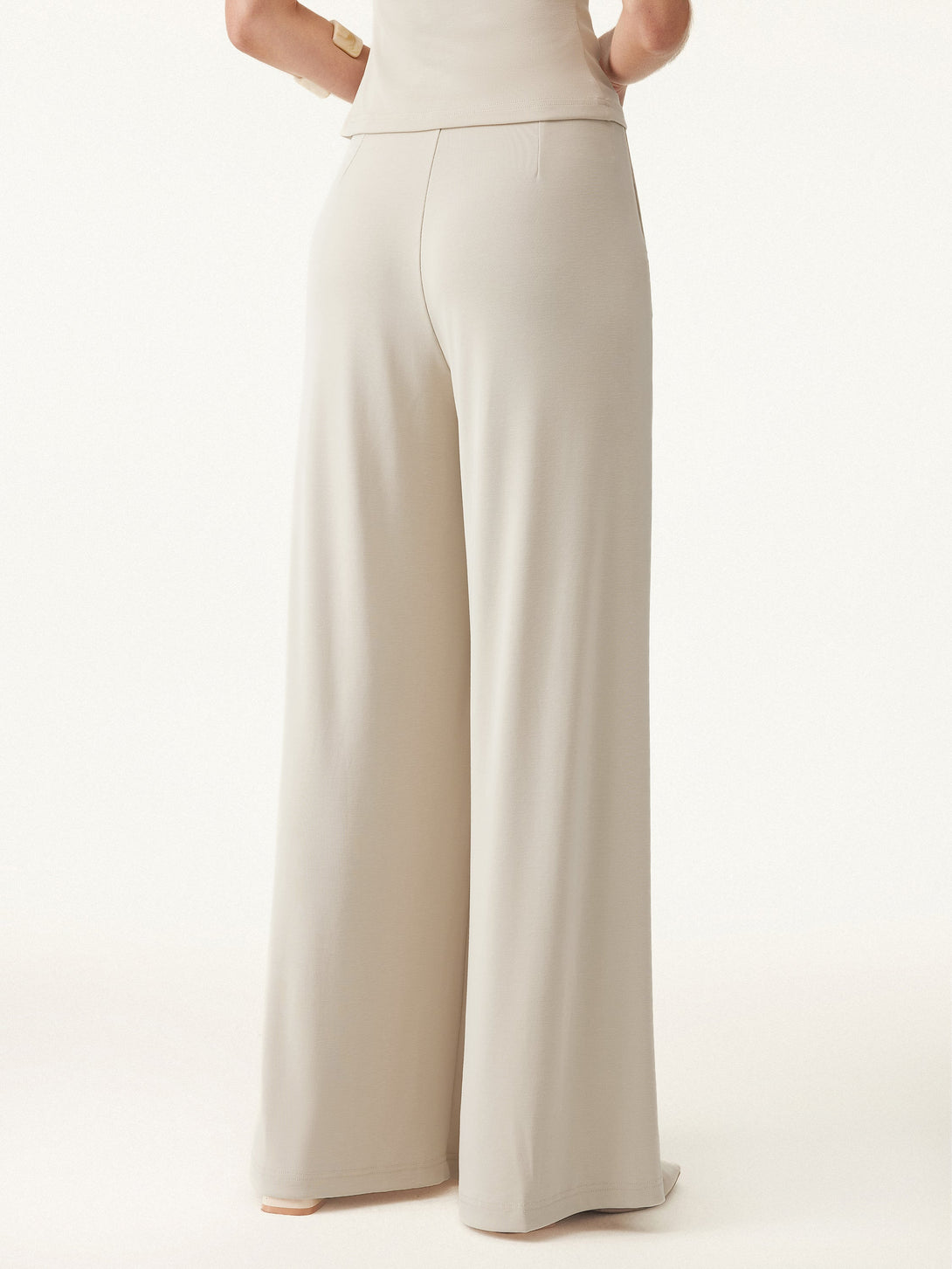 2Pcs Set Sandwashed Crewneck Tee & Mid Rise Pleated Wide Leg Pants with Pockets