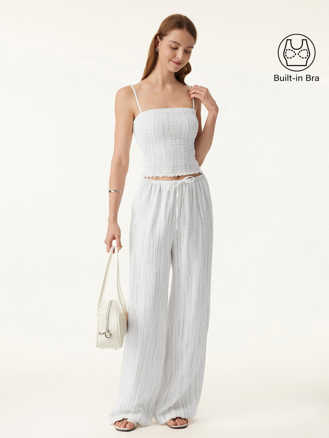 2Pcs Set Striped Adjustable Spaghetti Brami & Striped Wide Leg Pants with Pockets Off White Stripe XS