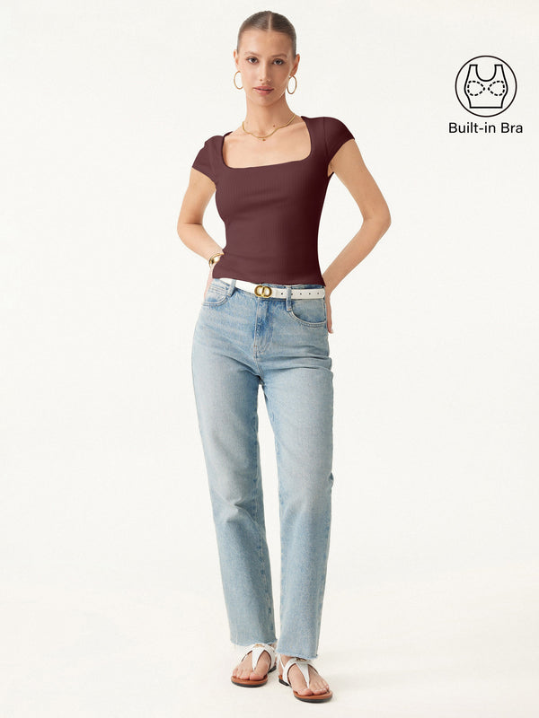 Stretch Cotton Pointelle Square Neck Cap Sleeve Brami