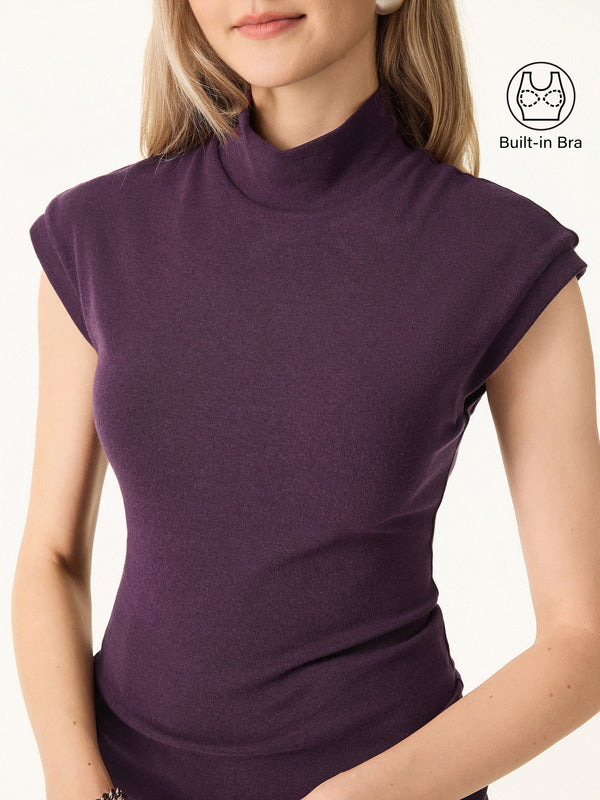 Stretch Cotton Mock Neck Cap Sleeve Brami Top
