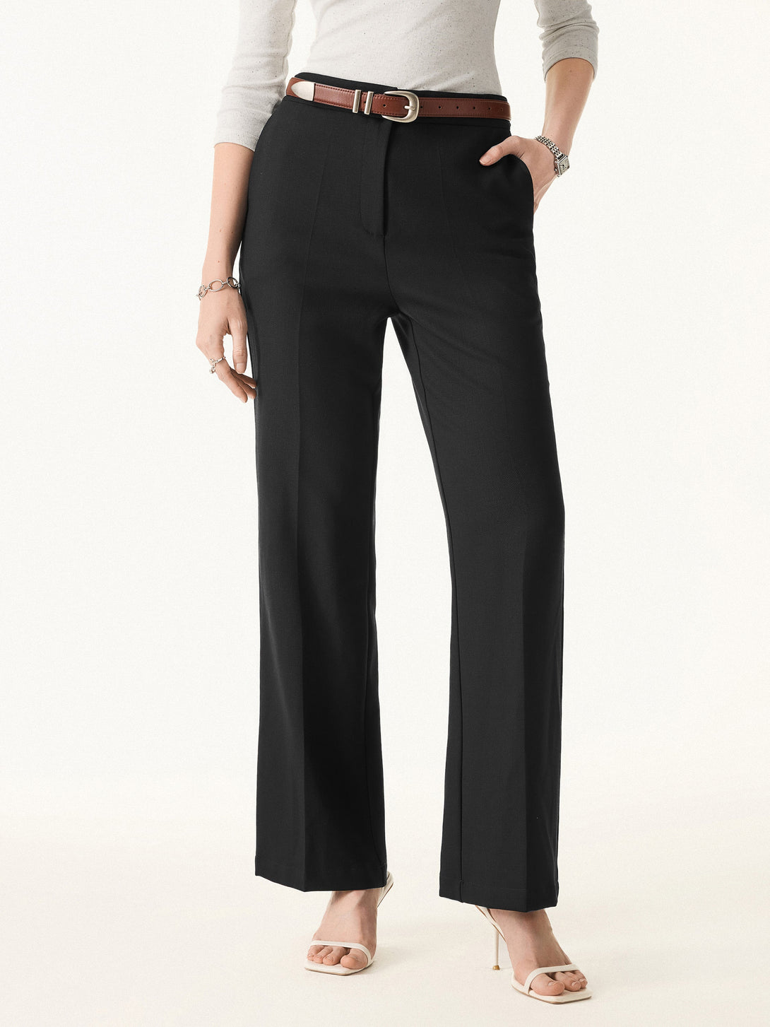 Stretch Wool Mid Rise Flared Trousers with Pockets Regular Black