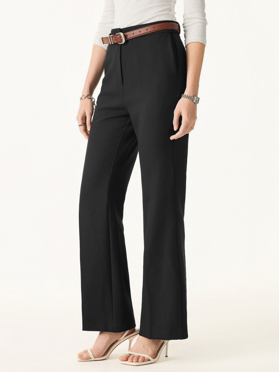 Stretch Wool Mid Rise Flared Trousers with Pockets
