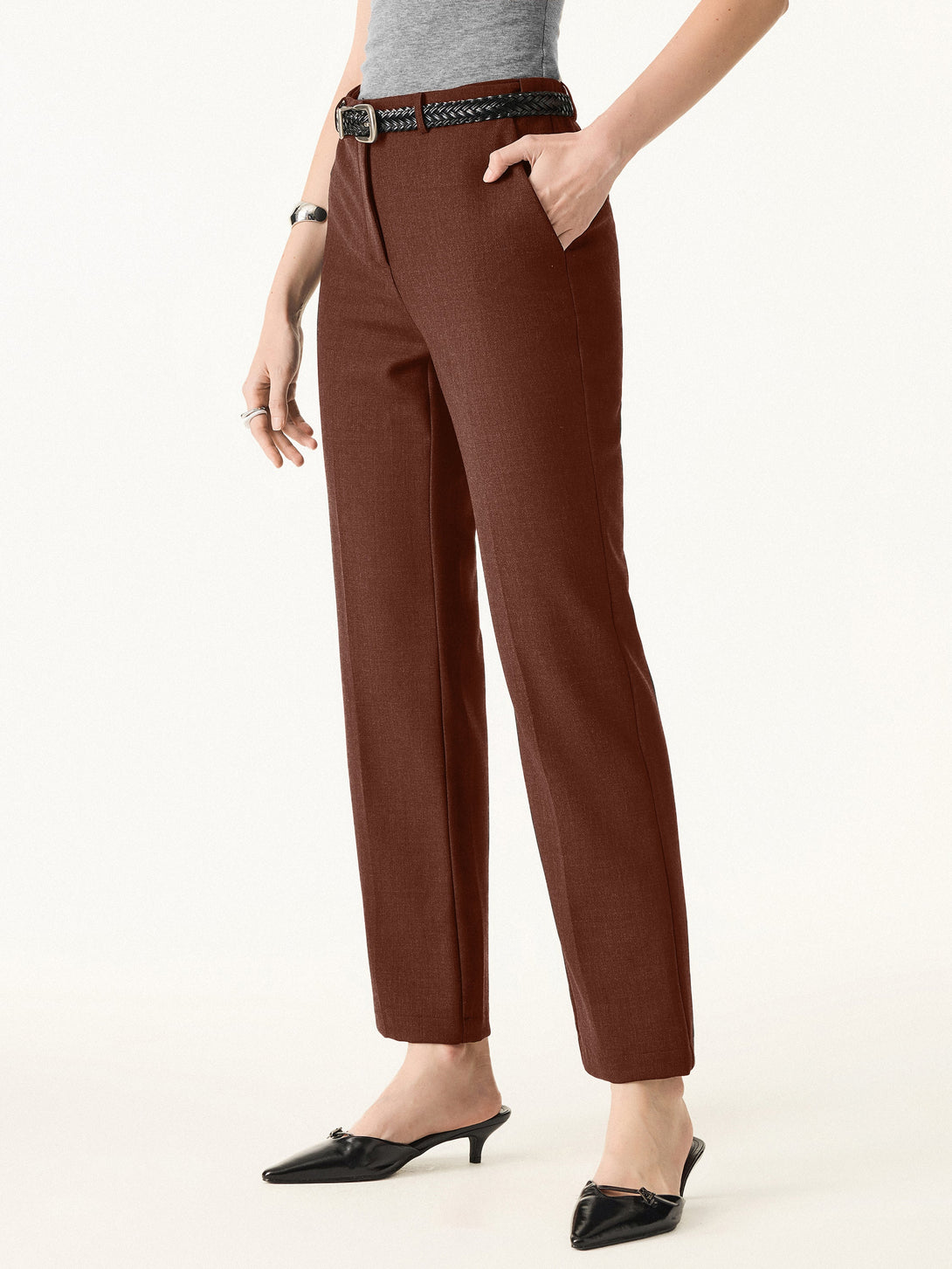 Stretch Wool Mid Rise Slim Straight Trousers with Pockets
