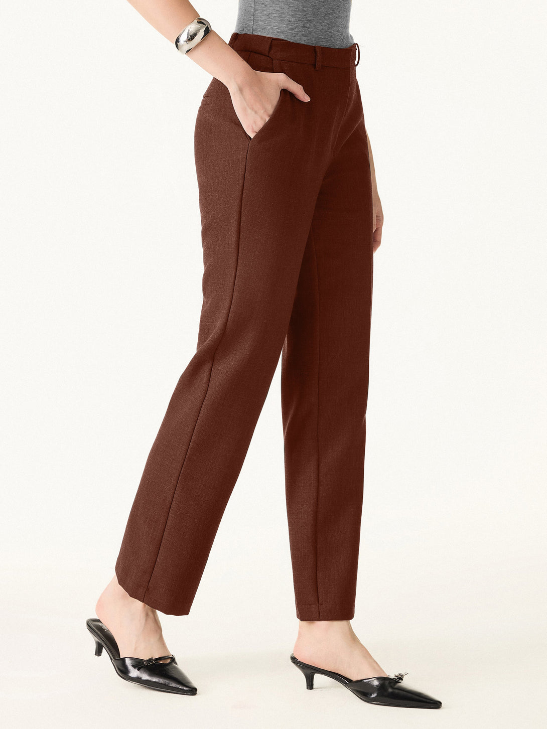 Stretch Wool Mid Rise Slim Straight Trousers with Pockets