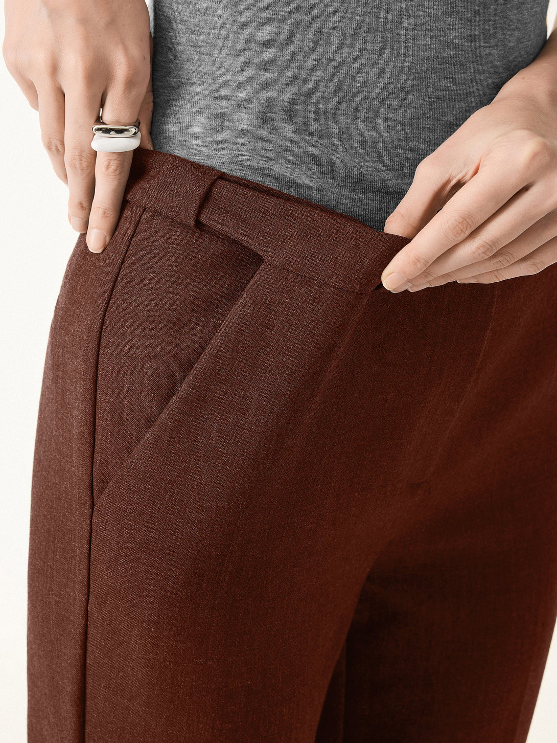 Stretch Wool Mid Rise Slim Straight Trousers with Pockets