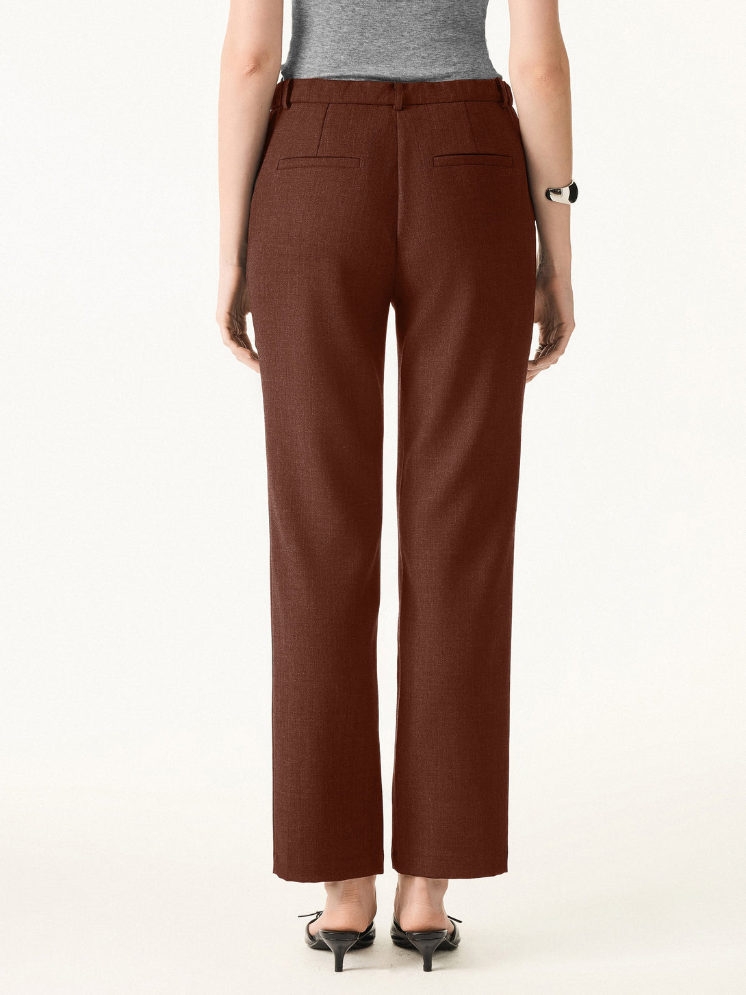 Stretch Wool Mid Rise Slim Straight Trousers with Pockets