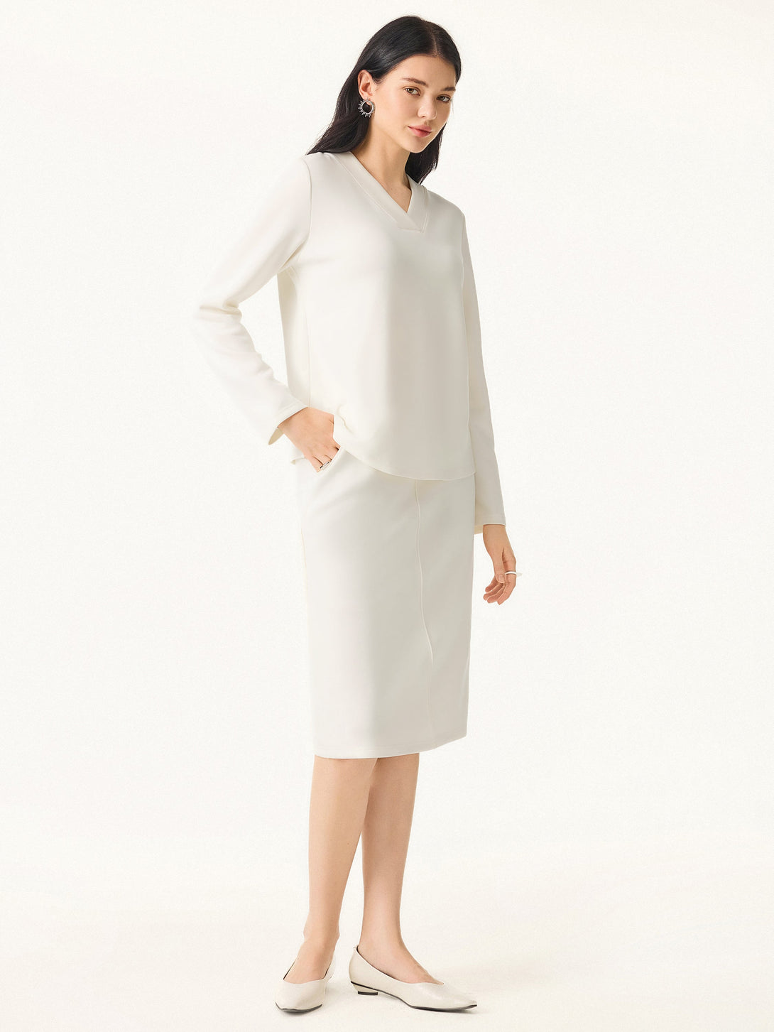 2Pcs Set Modal Spacer V-neck Pullover Shirt & A-Line Midi Skirt with Pockets