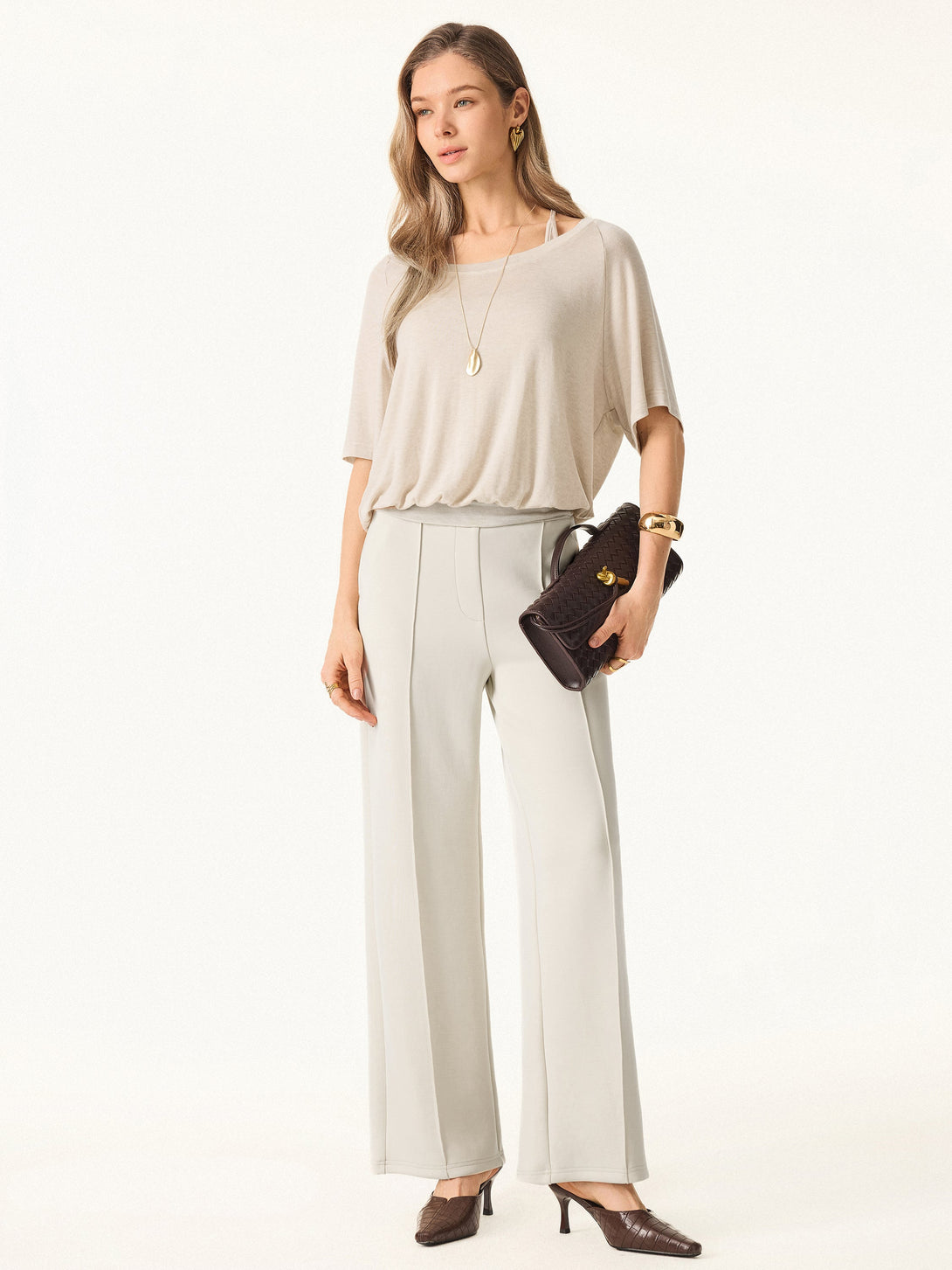 Wrinkle-Resistant Mid Rise Straight Leg Pants with Pockets