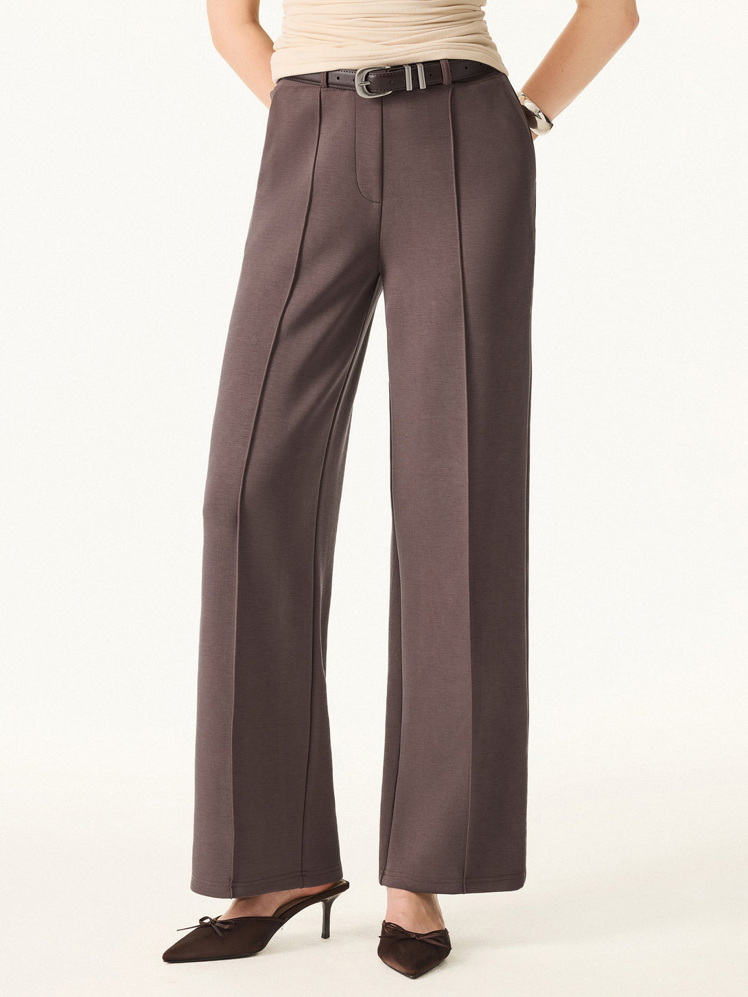 Wrinkle-Resistant Mid Rise Straight Leg Pants with Pockets Regular Deepest Mauve