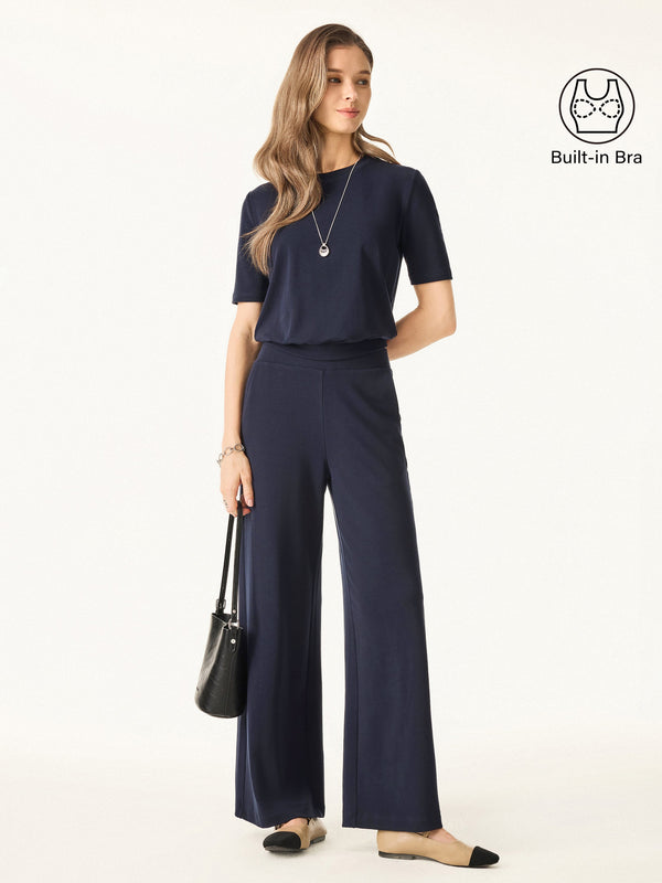 2Pcs Set Crewneck Brami with Banded Hem & Mid Rise Wide Leg Petite Pants with Pockets