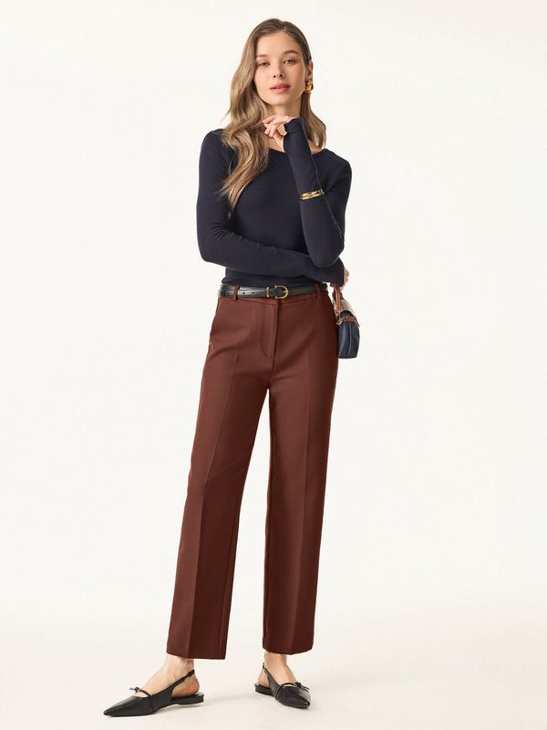 Stretch Wool Mid Rise Slim Straight Trousers with Pockets