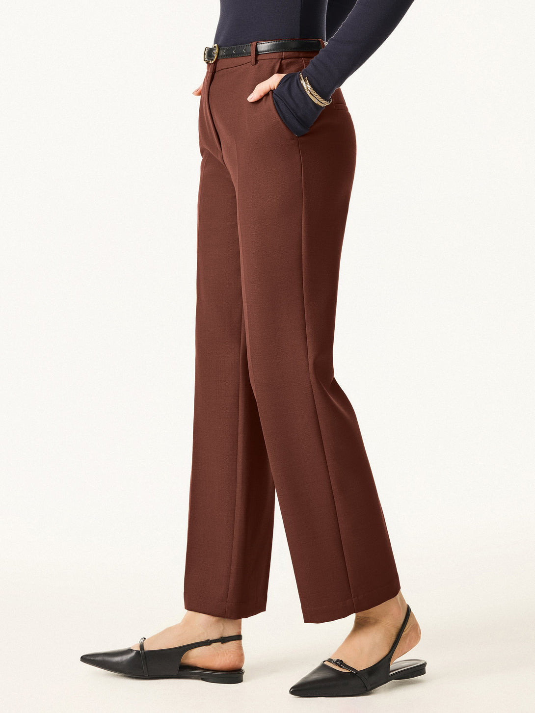 Stretch Wool Mid Rise Slim Straight Trousers with Pockets