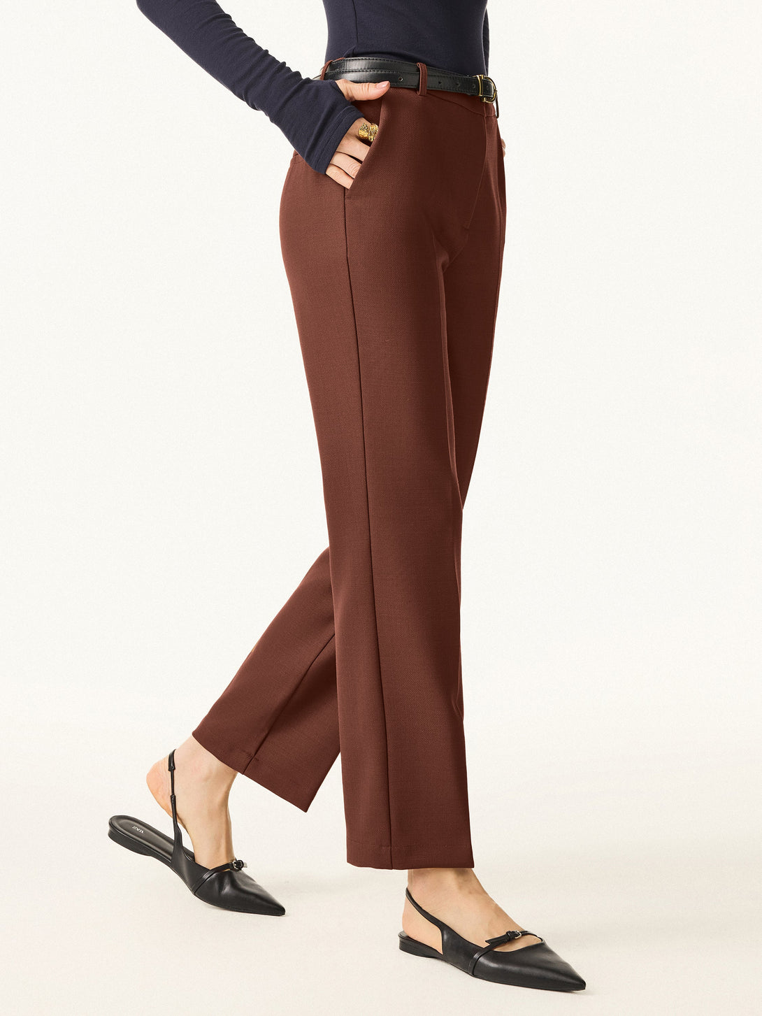 Stretch Wool Mid Rise Slim Straight Trousers with Pockets