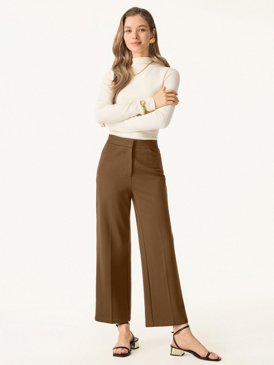 Ponte High Rise Straight Leg Cropped Fly-Front Trousers with Pockets Petite Sweet Hazelnut