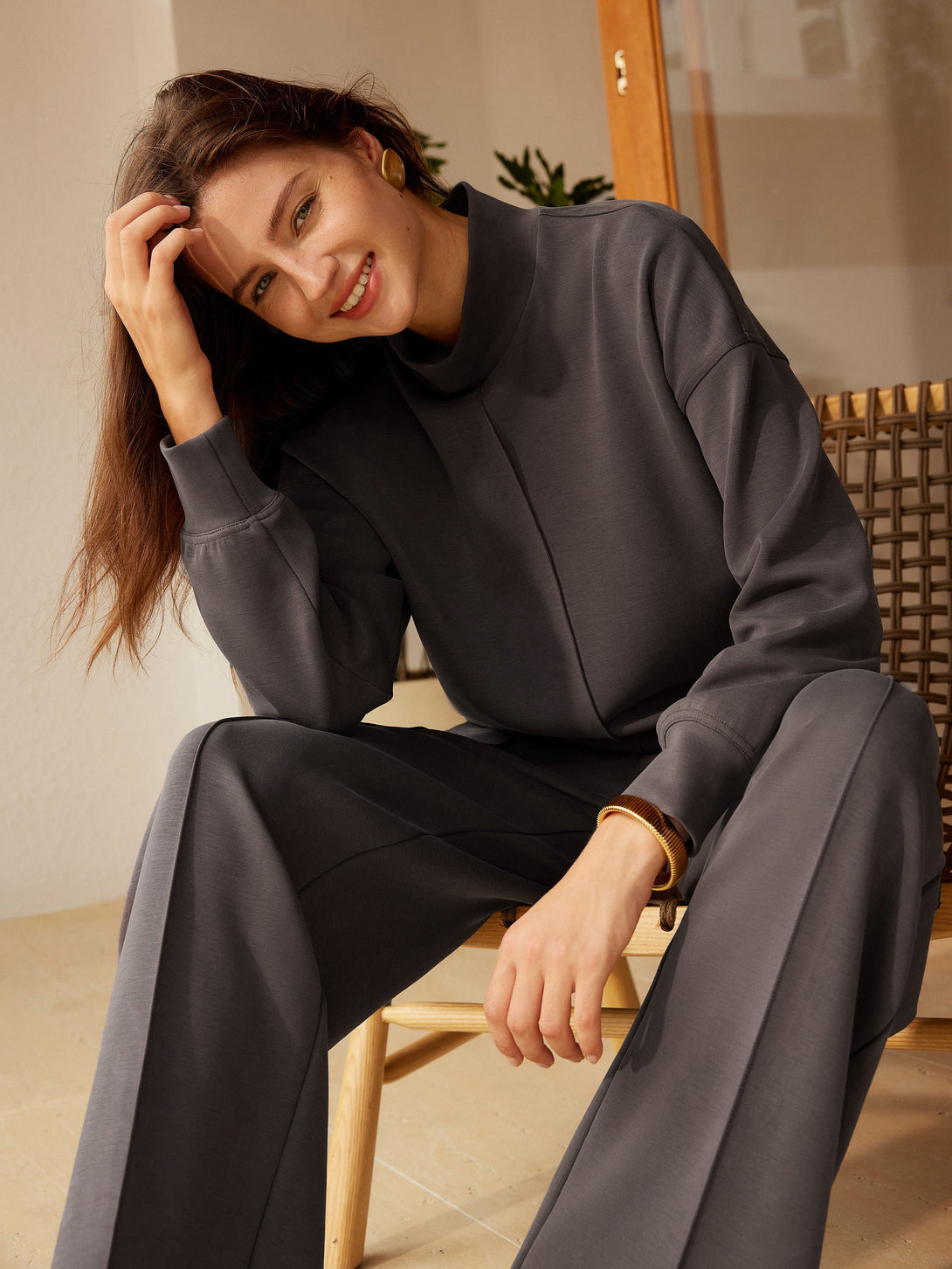 Modal Spacer Mockneck Long Sleeve Pullover Shirt Black Chocolate XS