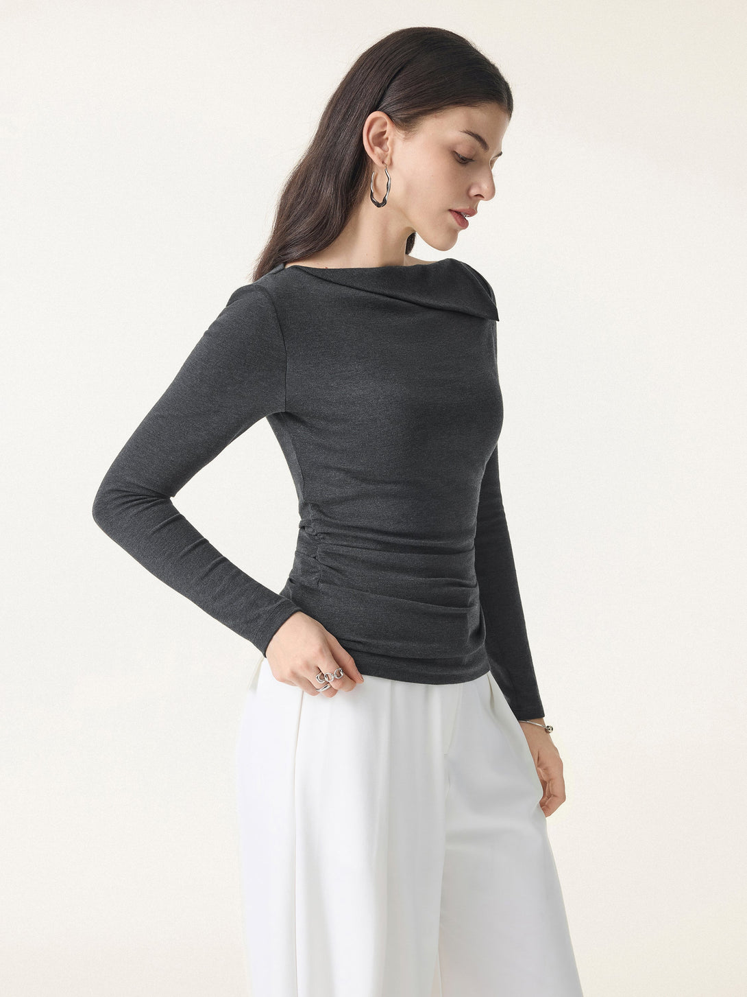 Light Warm Asymmetrical Fold-Over Side Ruched Brami Top