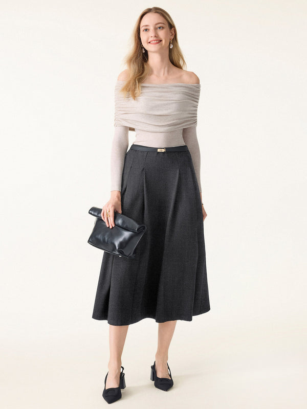 Wrinkle-Resistant A-line Tucked Pull-on Midi Skirt with Pockets