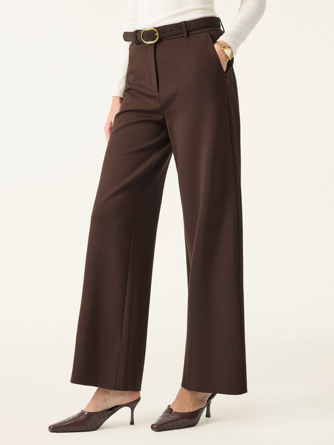 High Rise Wide Leg Trousers with Zippered Pockets Regular Hickory Brown