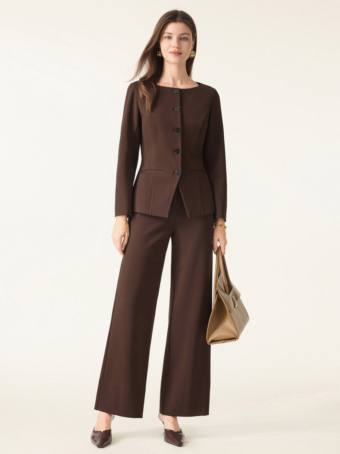 2Pcs Set Boatneck Blazer & High Rise Wide Leg Trousers with Zippered Pockets