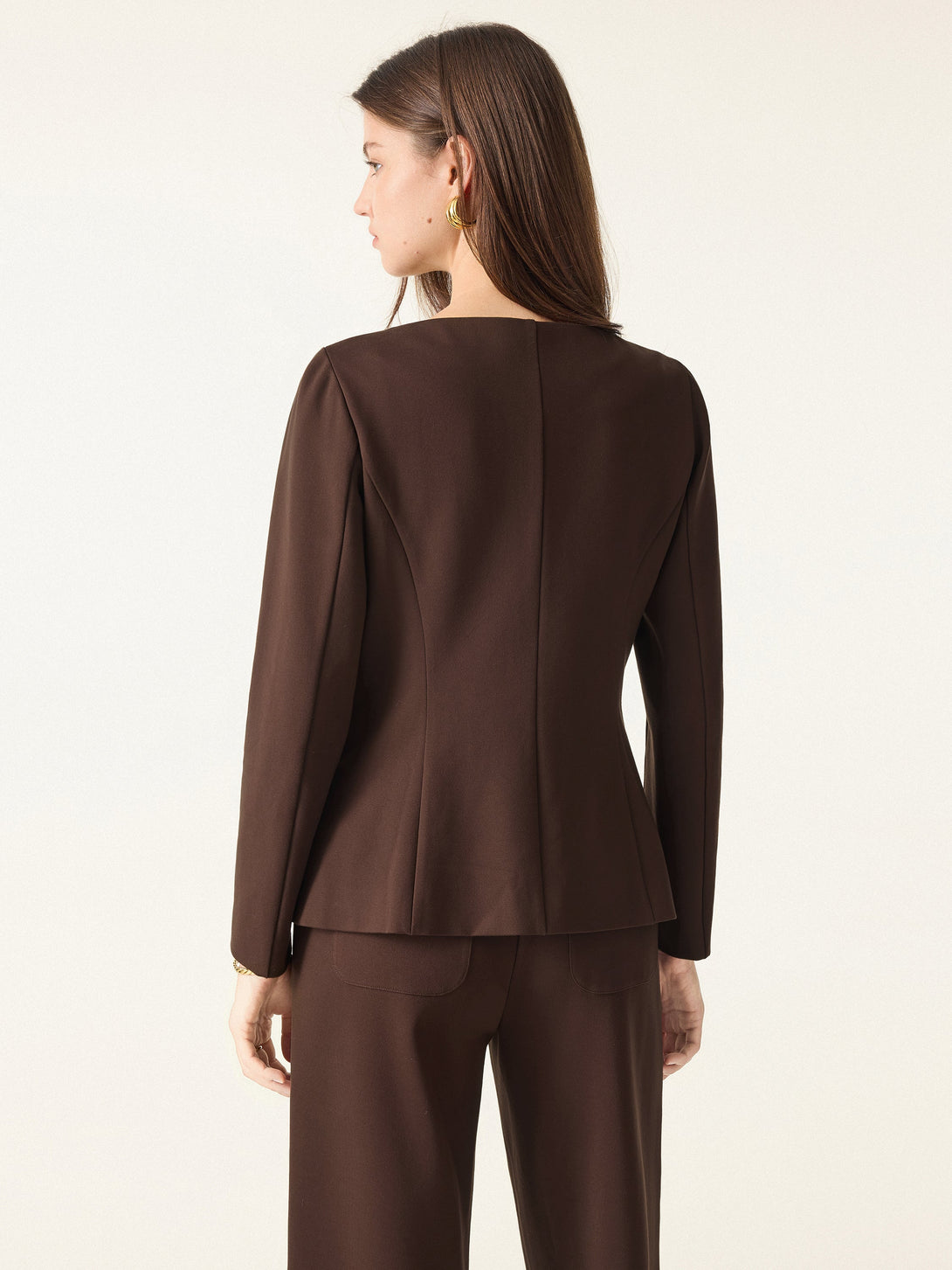 2Pcs Set Boatneck Blazer & High Rise Wide Leg Trousers with Zippered Pockets