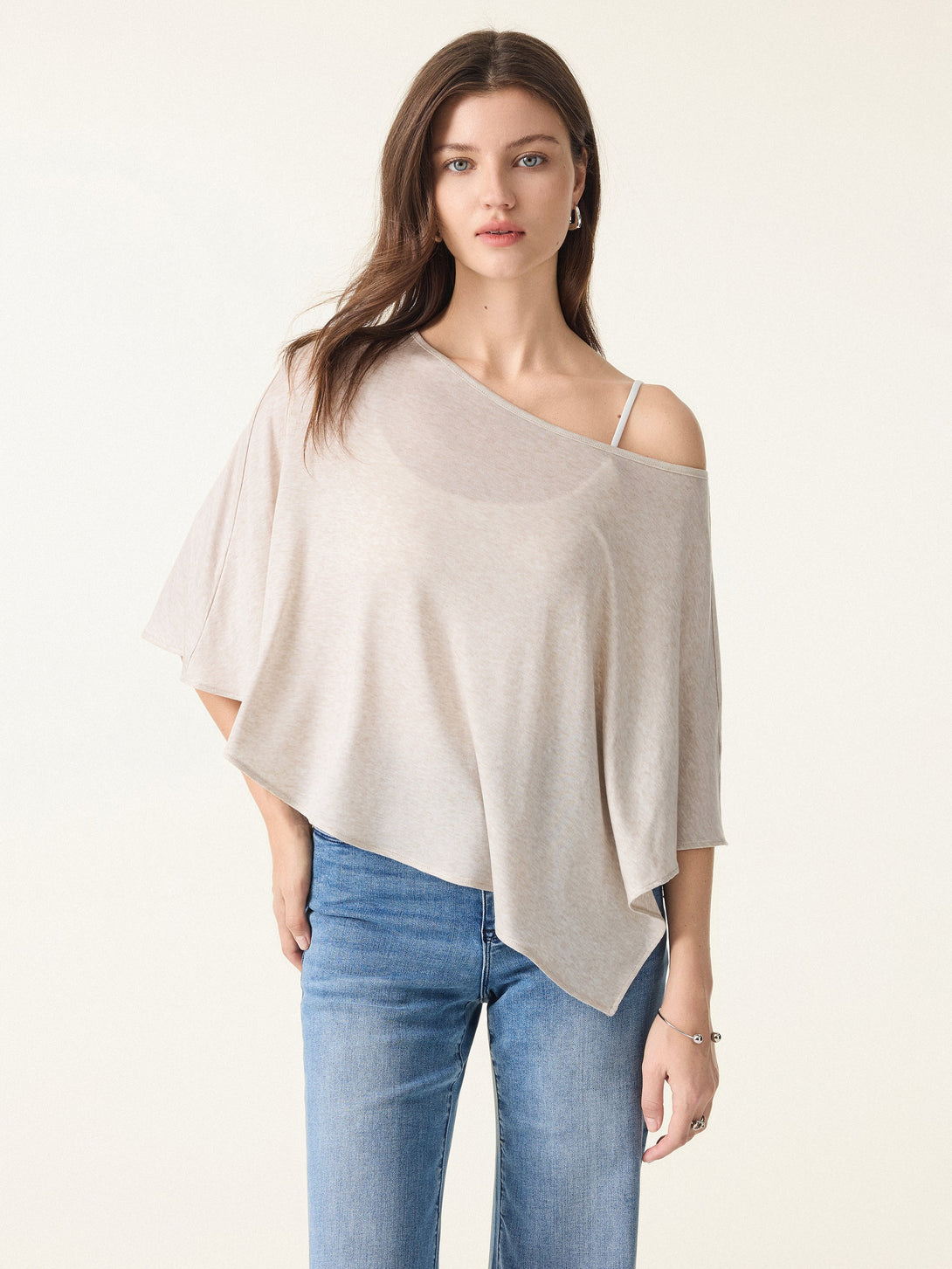Lyocell Wool Semi-Sheer Cape Top Heather Oatmeal XS