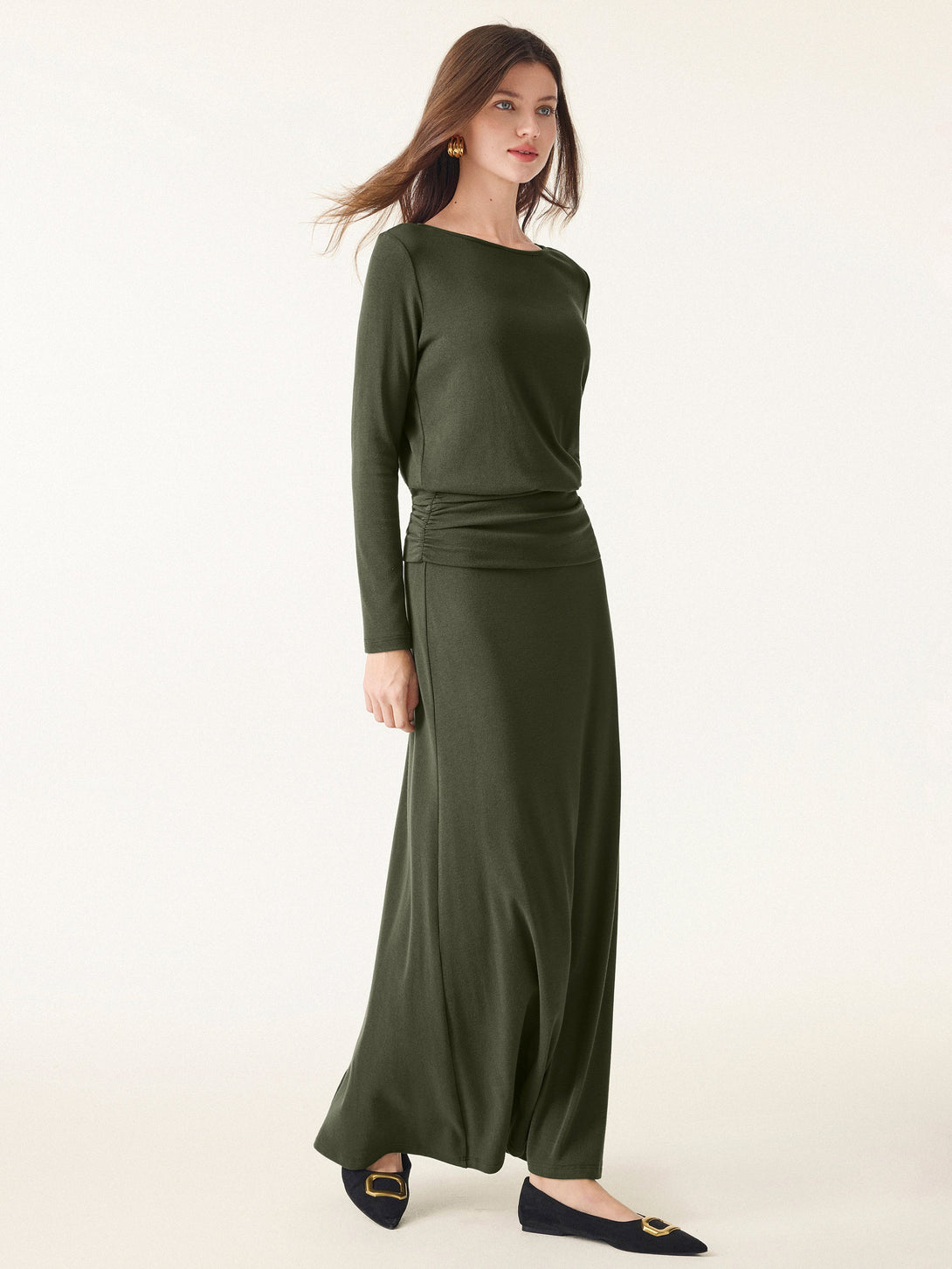 2Pcs Set Light Warm Round Neck Side Ruched Top & Pull-on Circle Flared Maxi Skirt