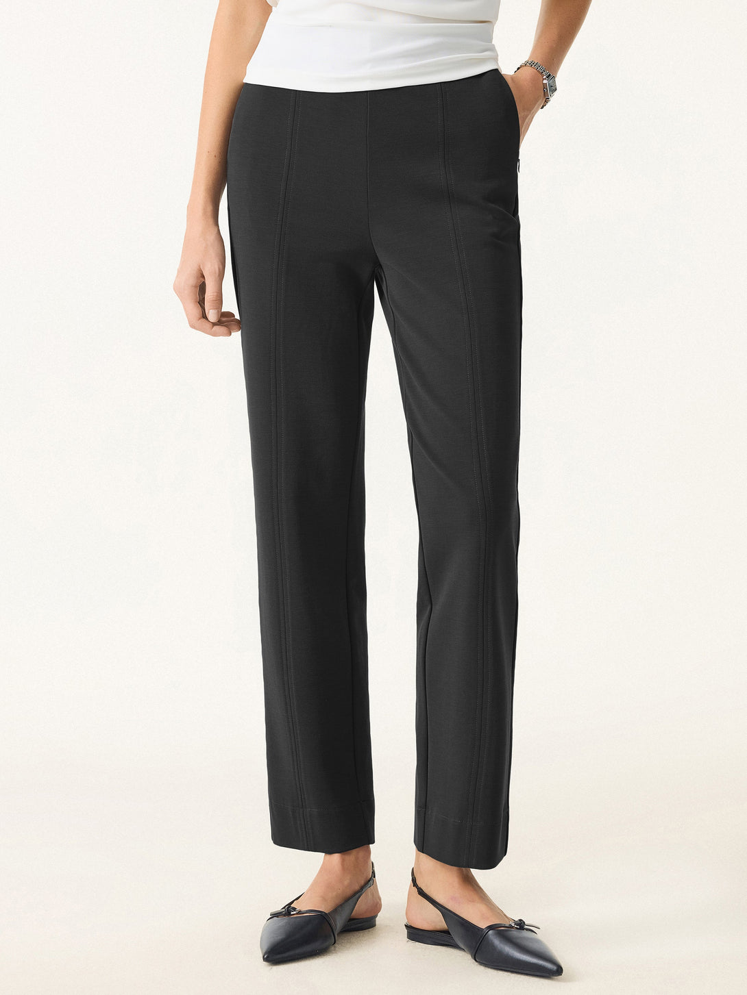 Sandwashed Mid Rise Slim Straight Pull-on Pants with Pockets