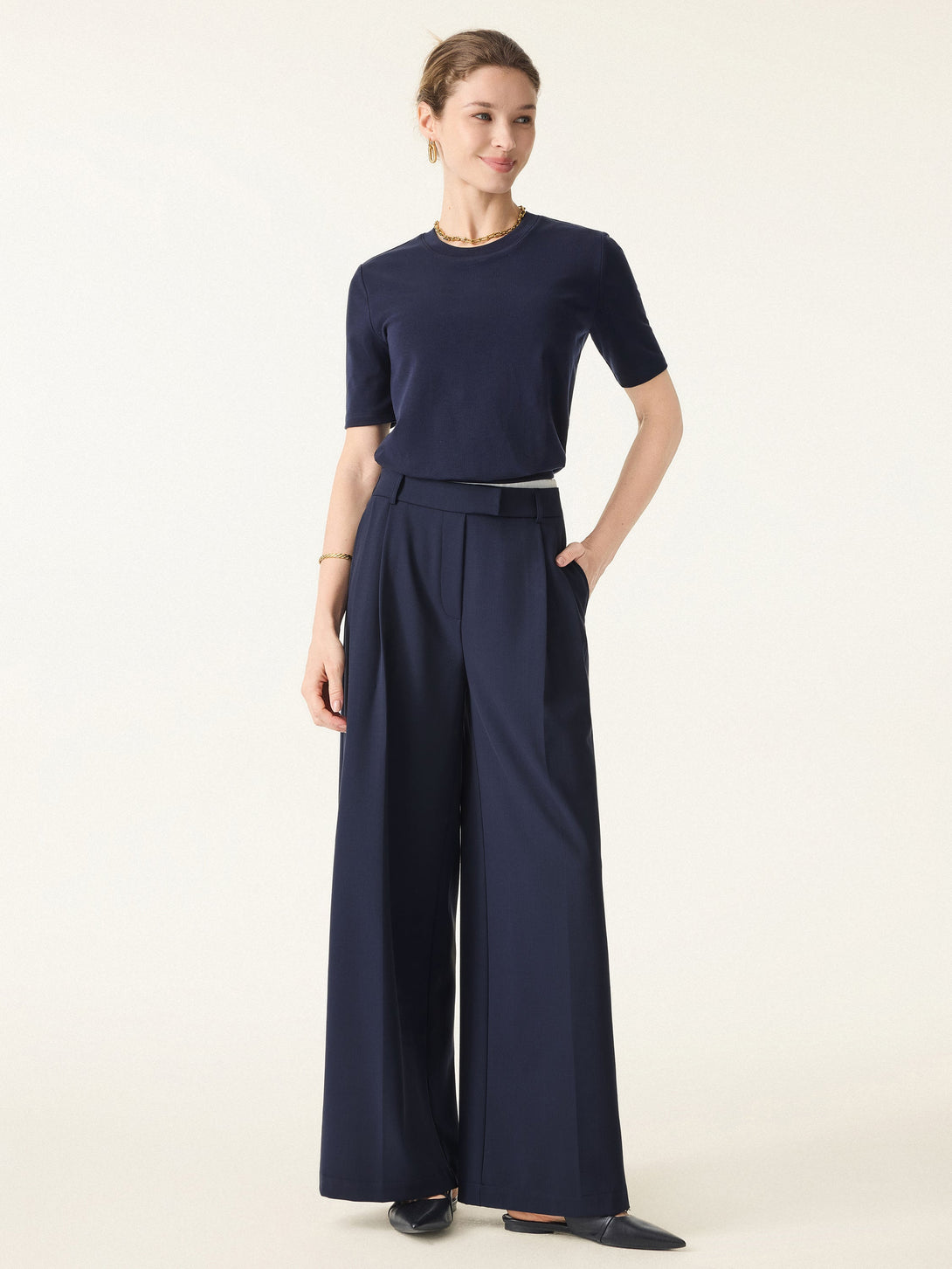 Double-Pleated Mid Rise Wide Leg Trousers