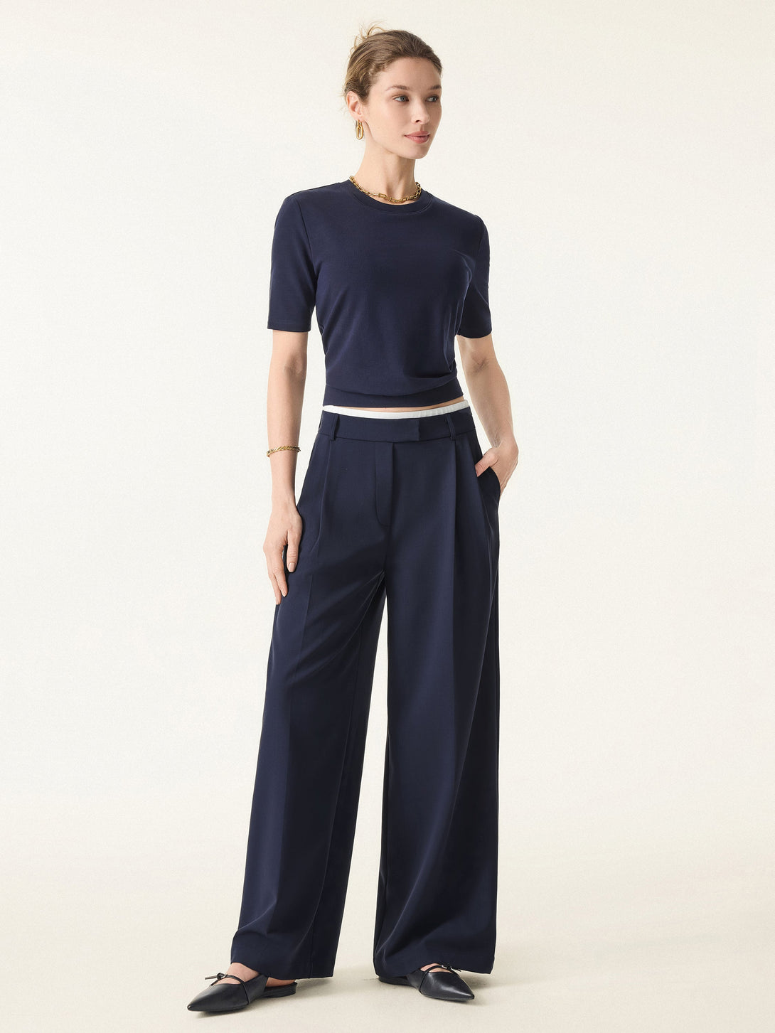 Double-Pleated Mid Rise Wide Leg Trousers